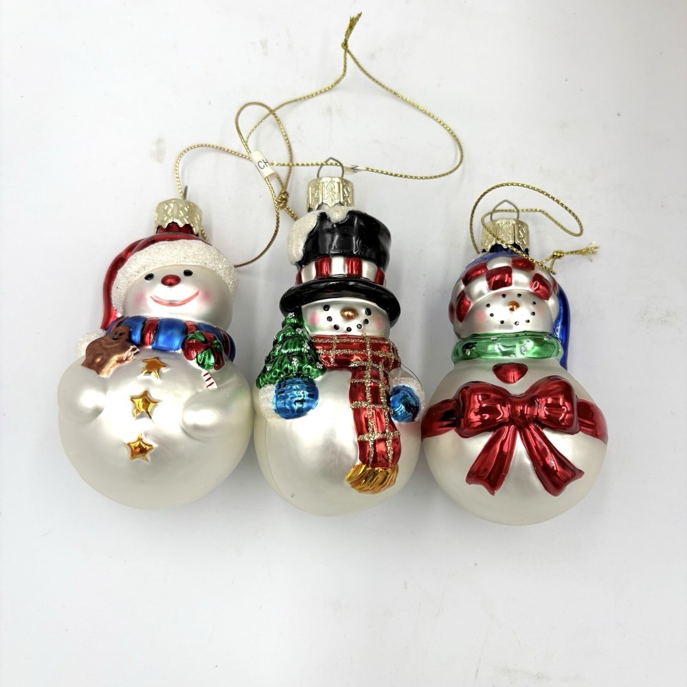 3 Snowman Blown Glass Christmas Ornaments Vintage 3.5" New